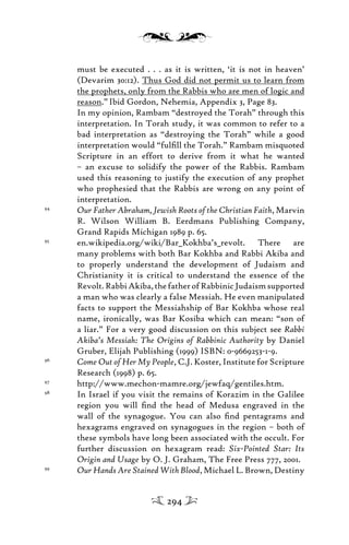 must be executed . . . as it is written, ‘it is not in heaven’
(Devarim 30:12). Thus God did not permit us to learn from
the prophets, only from the Rabbis who are men of logic and
reason.”Ibid Gordon, Nehemia, Appendix 3, Page 83.
In my opinion, Rambam “destroyed the Torah” through this
interpretation. In Torah study, it was common to refer to a
bad interpretation as “destroying the Torah” while a good
interpretation would “fulﬁll the Torah.” Rambam misquoted
Scripture in an effort to derive from it what he wanted
– an excuse to solidify the power of the Rabbis. Rambam
used this reasoning to justify the execution of any prophet
who prophesied that the Rabbis are wrong on any point of
interpretation.
94
Our Father Abraham, Jewish Roots of the Christian Faith, Marvin
R. Wilson William B. Eerdmans Publishing Company,
Grand Rapids Michigan 1989 p. 65.
95
en.wikipedia.org/wiki/Bar_Kokhba’s_revolt. There are
many problems with both Bar Kokhba and Rabbi Akiba and
to properly understand the development of Judaism and
Christianity it is critical to understand the essence of the
Revolt.RabbiAkiba,thefatherofRabbinicJudaismsupported
a man who was clearly a false Messiah. He even manipulated
facts to support the Messiahship of Bar Kokhba whose real
name, ironically, was Bar Kosiba which can mean: “son of
a liar.” For a very good discussion on this subject see Rabbi
Akiba’s Messiah: The Origins of Rabbinic Authority by Daniel
Gruber, Elijah Publishing (1999) ISBN: 0-9669253-1-9.
96
Come Out of Her My People, C.J. Koster, Institute for Scripture
Research (1998) p. 65.
97
http://www.mechon-mamre.org/jewfaq/gentiles.htm.
98
In Israel if you visit the remains of Korazim in the Galilee
region you will ﬁnd the head of Medusa engraved in the
wall of the synagogue. You can also ﬁnd pentagrams and
hexagrams engraved on synagogues in the region – both of
these symbols have long been associated with the occult. For
further discussion on hexagram read: Six-Pointed Star: Its
Origin and Usage by O. J. Graham, The Free Press 777, 2001.
99
Our Hands Are Stained With Blood, Michael L. Brown, Destiny
294
 