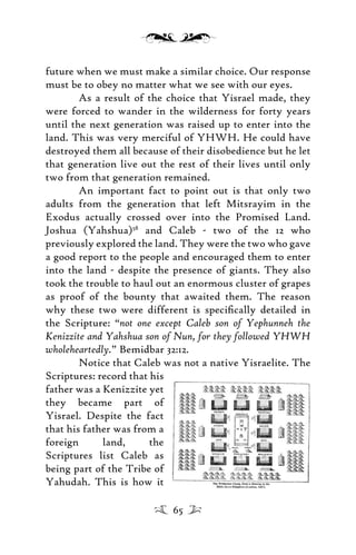 future when we must make a similar choice. Our response
must be to obey no matter what we see with our eyes.
As a result of the choice that Yisrael made, they
were forced to wander in the wilderness for forty years
until the next generation was raised up to enter into the
land. This was very merciful of YHWH. He could have
destroyed them all because of their disobedience but he let
that generation live out the rest of their lives until only
two from that generation remained.
An important fact to point out is that only two
adults from the generation that left Mitsrayim in the
Exodus actually crossed over into the Promised Land.
Joshua (Yahshua)58
and Caleb - two of the 12 who
previously explored the land. They were the two who gave
a good report to the people and encouraged them to enter
into the land - despite the presence of giants. They also
took the trouble to haul out an enormous cluster of grapes
as proof of the bounty that awaited them. The reason
why these two were different is speciﬁcally detailed in
the Scripture: “not one except Caleb son of Yephunneh the
Kenizzite and Yahshua son of Nun, for they followed YHWH
wholeheartedly.” Bemidbar 32:12.
Notice that Caleb was not a native Yisraelite. The
Scriptures: record that his
father was a Kenizzite yet
they became part of
Yisrael. Despite the fact
that his father was from a
foreign land, the
Scriptures list Caleb as
being part of the Tribe of
Yahudah. This is how it
65
 