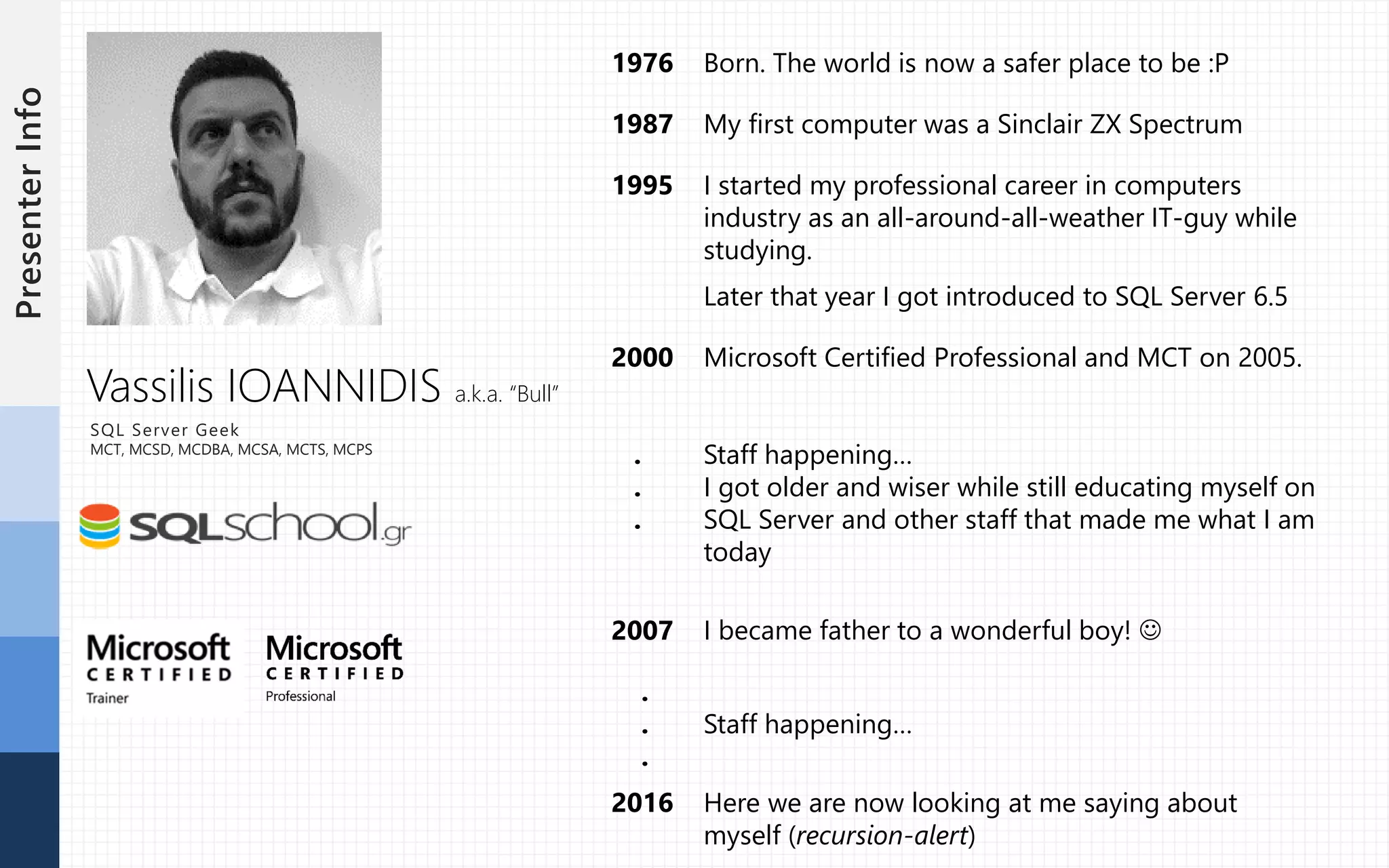PresenterInfo
1976 Born. The world is now a safer place to be :P
1987 My first computer was a Sinclair ZX Spectrum
1995 I started my professional career in computers
industry as an all-around-all-weather IT-guy while
studying.
Later that year I got introduced to SQL Server 6.5
2000
.
.
.
Microsoft Certified Professional and MCT on 2005.
Staff happening…
I got older and wiser while still educating myself on
SQL Server and other staff that made me what I am
today
2007 I became father to a wonderful boy! 
.
.
.
Staff happening…
2016 Here we are now looking at me saying about
myself (recursion-alert)
Vassilis IOANNIDIS a.k.a. “Bull”
SQL Server Geek
MCT, MCSD, MCDBA, MCSA, MCTS, MCPS
 