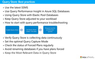  Use the latest SSMS
 Use Query Performance Insight in Azure SQL Databases
 Using Query Store with Elastic Pool Databases
 Keep Query Store adjusted to your workload
 How to start with query performance troubleshooting
 Verify Query Store is collecting data continuously
 Set the optimal Query Capture Mode
 Check the status of Forced Plans regularly
 Avoid renaming databases if you have plans forced
 Keep the Most Relevant Data in Query Store
Query Store: Best practices
 