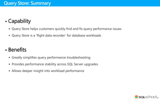  Capability
 Query Store helps customers quickly find and fix query performance issues
 Query Store is a ‘flight data recorder’ for database workloads
 Benefits
 Greatly simplifies query performance troubleshooting
 Provides performance stability across SQL Server upgrades
 Allows deeper insight into workload performance
Query Store: Summary
 