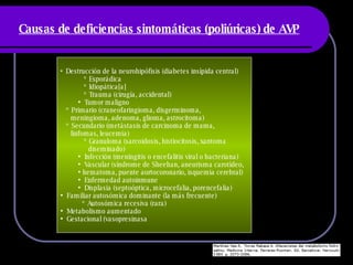 Causas de deficiencias sintomáticas (poliúricas) de AVP   Destrucción de la neurohipófisis (diabetes insípida central) * Esporádica * Idiopática[ a ] * Trauma (cirugía, accidental) Tumor maligno * Primario (craneofaringioma, disgerminoma,  meningioma, adenoma, glioma, astrocitoma) * Secundario (metástasis de carcinoma de mama, linfomas, leucemia) * Granuloma (sarcoidosis, histiocitosis, xantoma  diseminado) Infección (meningitis o encefalitis viral o bacteriana) Vascular (síndrome de Sheehan, aneurisma carotídeo,  hematoma, puente aortocoronario, isquemia cerebral) Enfermedad autoinmune Displasia (septoóptica, microcefalia, porencefalia) Familiar autosómica dominante (la más frecuente) * Autosómica recesiva (rara) Metabolismo aumentado  Gestacional (vasopresinasa 