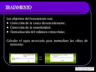TRATAMIENTO Los objetivos del tratamiento son: Correcci ón de la causa desencadenante. Corrección de la osmolaridad. Normalización del volúmen extracelular. Calcular el agua necesaria para normalizar las cifras de natremia: 