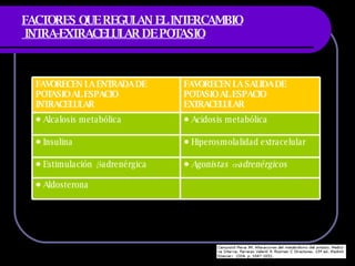 FACTORES QUE REGULAN EL INTERCAMBIO  INTRA-EXTRACELULAR DE POTASIO Agonistas α-adrenérgicos Estimulación β-adrenérgica  FAVORECEN LA SALIDA DE POTASIO AL ESPACIO EXTRACELULAR FAVORECEN LA ENTRADA DE POTASIO AL ESPACIO INTRACELULAR Aldosterona Hiperosmolalidad extracelular Insulina Acidosis metabólica  Alcalosis metab ólica 