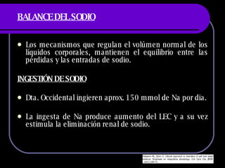BALANCE DEL SODIO Los mecanismos que regulan el volúmen normal de los líquidos corporales, mantienen el equilibrio entre las pérdidas y las entradas de sodio. INGESTIÓN DE SODIO Dta. Occidental ingieren aprox. 150 mmol de Na por dia. La ingesta de Na produce aumento del LEC y a su vez estimula la eliminación renal de sodio. 