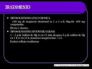 TRATAMIENTO HIPOMAGNESEMIA LEVE O CRONICA. 240 mg de magnesio elemental vo 1 a 2 v/d, Mag-Ox  400 mg comprimido. Efecto 2: diarrea. HIPOMAGNESEMIA SINTOMATICA GRAVE: 1 – 2 g de Sulfato de Mg ev en 15 min, despues 6 g de sulfato de Mg en 1 lt ev en 24 h, mantener magnesemia > 2.5. Evaluar reflejos tendinosos 