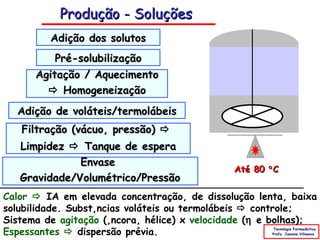 Produção - Soluções
         Adição dos solutos
          Pré-solubilização
      Agitação / Aquecimento
         Homogeneização
  Adição de voláteis/termolábeis
   Filtração (vácuo, pressão) 
   Limpidez  Tanque de espera
              Envase
                                              Até 80 ° C
   Gravidade/Volumétrico/Pressão
Calor  IA em elevada concentração, de dissolução lenta, baixa
solubilidade. Substâncias voláteis ou termolábeis  controle;
Sistema de agitação (âncora, hélice) x velocidade (η e bolhas);
Espessantes  dispersão prévia.                        Tecnologia Farmacêutica
                                                      Profa. Janaina Villanova
 