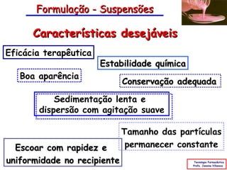 Formulação - Suspensões

      Características desejáveis
Eficácia terapêutica
                       Estabilidade química
   Boa aparência
                             Conservação adequada

           Sedimentação lenta e
       dispersão com agitação suave

                             Tamanho das partículas
  Escoar com rapidez e        permanecer constante
uniformidade no recipiente                     Tecnologia Farmacêutica
                                              Profa. Janaina Villanova
 