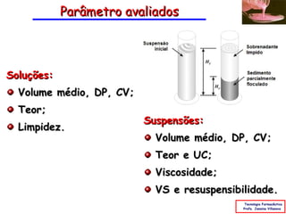 Parâmetro avaliados



Soluções:
  Volume médio, DP, CV;
  Teor;
                          Suspensões:
  Limpidez.
                            Volume médio, DP, CV;
                            Teor e UC;
                            Viscosidade;
                            VS e resuspensibilidade.
                                              Tecnologia Farmacêutica
                                             Profa. Janaina Villanova
 