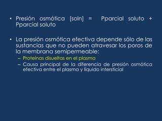 Movimiento del agua en compartimentosDepende del NaOsmosisArrastra agua de forma secundaria Mantener la osmolaridad equilibrada280-295mOsm/kg
