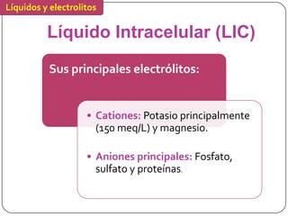 Líquidos y electrolitos

          Líquido Intracelular (LIC)
           Sus principales electrólitos:


                    • Cationes: Potasio principalmente
                      (150 meq/L) y magnesio.

                    • Aniones principales: Fosfato,
                      sulfato y proteínas.
 