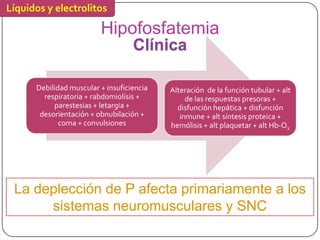 Líquidos y electrolitos

                         Hipofosfatemia
                                   Clínica

      Debilidad muscular + insuficiencia   Alteración de la función tubular + alt
        respiratoria + rabdomiolísis +          de las respuestas presoras +
           parestesias + letargia +          disfunción hepática + disfunción
       desorientación + obnubilación +        inmune + alt síntesis proteica +
             coma + convulsiones           hemólisis + alt plaquetar + alt Hb-O2




 La deplección de P afecta primariamente a los
      sistemas neuromusculares y SNC
 