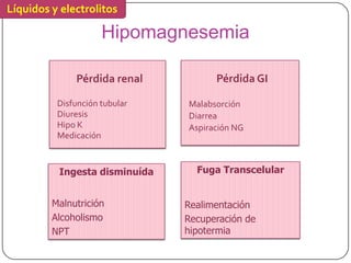Líquidos y electrolitos

                     Hipomagnesemia

              Pérdida renal          Pérdida GI

          Disfunción tubular   Malabsorción
          Diuresis             Diarrea
          Hipo K               Aspiración NG
          Medicación


          Ingesta disminuída     Fuga Transcelular


         Malnutrición          Realimentación
         Alcoholismo           Recuperación de
         NPT                   hipotermia
 