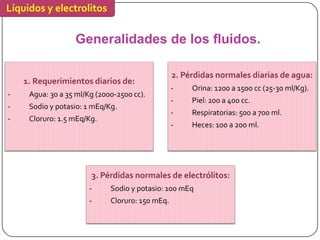 Líquidos y electrolitos

                  Generalidades de los fluidos.

                                                 2. Pérdidas normales diarias de agua:
    1. Requerimientos diarios de:
                                                 -    Orina: 1200 a 1500 cc (25-30 ml/Kg).
-    Agua: 30 a 35 ml/Kg (2000-2500 cc).
                                                 -    Piel: 200 a 400 cc.
-    Sodio y potasio: 1 mEq/Kg.
                                                 -    Respiratorias: 500 a 700 ml.
-    Cloruro: 1.5 mEq/Kg.
                                                 -    Heces: 100 a 200 ml.




                       3. Pérdidas normales de electrólitos:
                       -     Sodio y potasio: 100 mEq
                       -     Cloruro: 150 mEq.
 