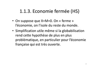 1.1.3. Economie fermée (HS)
• On suppose que X=M=0. On « ferme »
l’économie, on l’isole du reste du monde.
• Simplificatio...