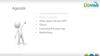 © 2015 Dbvisit Software Limited | dbvisit.com
Agenda
•  Oracle Database Editions
•  Basic Concepts
•  What about HA and DR?
•  Cloud
•  Licensing the easy way
•  Restrictions
 