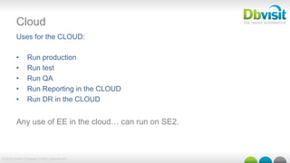 © 2015 Dbvisit Software Limited | dbvisit.com
Cloud
Uses for the CLOUD:
•  Run production
•  Run test
•  Run QA
•  Run Reporting in the CLOUD
•  Run DR in the CLOUD
Any use of EE in the cloud… can run on SE2.
 