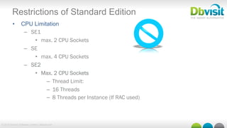 © 2015 Dbvisit Software Limited | dbvisit.com
Restrictions of Standard Edition
•  CPU Limitation
–  SE1
•  max. 2 CPU Sockets
–  SE
•  max. 4 CPU Sockets
–  SE2
•  Max. 2 CPU Sockets
–  Thread Limit:
–  16 Threads
–  8 Threads per Instance (If RAC used)
 