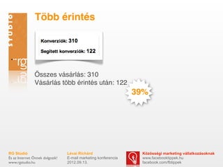 Több érintés




               Összes vásárlás: 310
               Vásárlás több érintés után: 122
                                                                39%




RG Stúdió                        Lévai Richárd                   Közösségi marketing vállalkozásoknak
És az Internet Önnek dolgozik!   E-mail marketing konferencia    www.facebooktippek.hu
www.rgstudio.hu                  2012.09.13.                     facebook.com/fbtippek
 