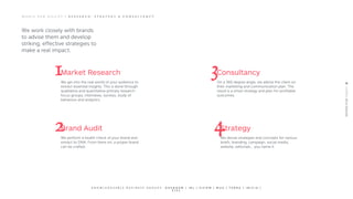 M O R I S P U B O G I L V Y | R E S E A R C H , S T R A T E G Y & C O N S U L T A N C Y
We work closely with brands
to advise them and develop
striking, effective strategies to
make a real impact.
1Market Research
We get into the real world of your audience to
extract essential insights. This is done through
qualitative and quantitative primary research -
focus groups, interviews, surveys, study of
behaviors and analytics.
2Brand Audit
We perform a health check of your brand and
extract its DNA. From there on, a proper brand
can be crafted.
3Consultancy
On a 360 degree angle, we advise the client on
their marketing and communication plan. The
result is a smart strategy and plan for profitable
outcomes.
4Strategy
We devise strategies and concepts for various
briefs; branding, campaign, social media,
website, editorials… you name it.
K N O W L E D G E A B L E B U S I N E S S G R O U P S : O X E N H A M | I B L | S I C O M | M U A | T E R R A | I N I C I A |
C I E L
 