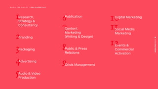 1
M O R I S P U B O G I L V Y | O U R E X P E R T I S E
2
3
4
5
6
7
8
9
Publication
Content
Marketing
(Writing & Design)
Public & Press
Relations
Crisis Management
Research,
Strategy &
Consultancy
Branding
Packaging
Advertising
Audio & Video
Production
10
11
12
Digital Marketing
Social Media
Marketing
Events &
Commercial
Activation
 
