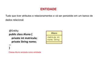 ENTIDADE 
Tudo que tiver atributos e relacionamentos e vá ser persistido em um banco de 
dados relacional. 
Classe Aluno anotada como entidade 
 