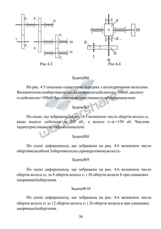 z1 
z 
zч .к . 
z2 
I 
II 
III 
z2 z3 II 
Рис.4.3 Рис.4.4 
z4 
z5 
I 
III 
IV 
z1 
z6 
Задача№6 
На рис. 4.5 показана планетарна передача з циліндричними колесами. 
Визначитичислообертівколесаz1,якщоводилоздійснитьnв=200об.,аколесо 
z4здійснитьn4=100об.Числовахарактеристикаколісзображенанасхемі. 
Задача№7 
По схемі, що зображена на рис. 4.5 визначити число обертів колеса z4, 
якщо водило здійснить nв=200 об., а колесо z1-n1=150 об. Числова 
характеристикаколісзображенанасхемі. 
Задача№8 
По схемі диференціалу, що зображена на рис. 4.6 визначити число 
обертівводилаbза4,5обертиколесаz4,принерухомомуколесіz1. 
Задача№9 
По схемі диференціалу, що зображена на рис. 4.6 визначити число 
обертів колеса z4, за 8 обертів колеса z1 і 10 обертів водила b при однакових 
напрямкахїхобертання. 
Задача№10 
По схемі диференціалу, що зображена на рис. 4.6 визначити число 
обертів колеса z4 за 12 обертів колеса z1 і 26 обертів водила в при однакових 
напрямкахїхобертання. 
36 
 