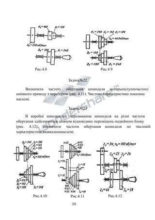 Рис.4.8 Рис.4.9 
Задача№22 
Визначити частоту обертання шпинделя чотирьохступінчастого 
шківного приводу з перебором (рис. 4.11). Числова характеристика показана 
насхемі. 
Задача№23 
В коробці швидкостей перемикання шпинделя на різні частоти 
обертання здійснюються шляхом відповідних переміщень подвійного блоку 
(рис. 4.12). Визначити частоти обертання шпинделя по числовій 
характеристиці,якавказананасхемі. 
Рис.4.10 Рис.4.11 Рис.4.12 
39 
 