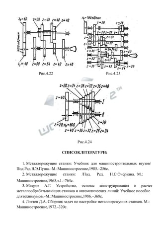 Рис.4.22 Рис.4.23 
Рис.4.24 
СПИСОКЛІТЕРАТУРИ: 
1. Металлорежущие станки: Учебник для машиностроительных втузов/ 
Под.Ред.В.Э.Пуша.–М.:Машиностроение,1985.–256с. 
2. Металлорежущие станки: /Под. Ред. Н.С.Очеркан–а. М.: 
Машиностроение,1965,т.1.–764с. 
3. Маеров А.Г. Устройство, основы конструирования и расчет 
металлообрабатывающих станков и автоматических линий: Учебное пособие 
длятехникумов.–М.:Машиностроение,1986.–368с. 
4. Локтев Д.А. Сборник задач по настройке металлорежущих станков. М.: 
Машиностроение,1972.-320с. 
