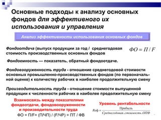 Основные подходы к анализу основных
фондов для эффективного их
использования и управления
10
Анализ эффективности использования основных фондов
Фондоотдача (выпуск продукции за год / среднегодовая
стоимость производственных основных фондов
FПФО /=
Фондоемкость — показатель, обратный фондоотдаче.
Фондовооруженность труда - отношение среднегодовой стоимости
основных промышленно-производственных фондов (по первоначаль-
ной оценке) к количеству рабочих в наиболее продолжительную смену
Производительность труда - отношение стоимости выпущенной
продукции к численности рабочих в наиболее продолжительную смену
ФО = П/F= (П/ЧП) / (F/ЧР) = ПТ / ФВ
Взаимосвязь между показателями
фондоотдачи, фондовооруженности
и производительности труда
Уровень рентабельности
ОПФстоимостьваяСреднегодо
R
....
Прибыль
оф =
 