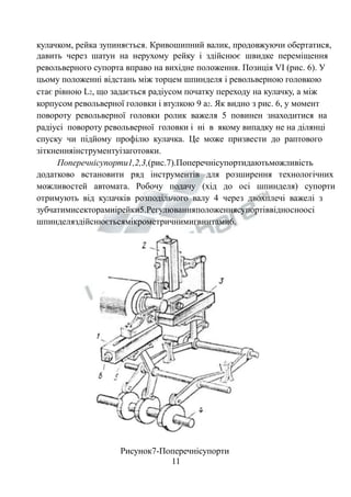 кулачком, рейка зупиняється. Кривошипний валик, продовжуючи обертатися, 
давить через шатун на нерухому рейку і здійснює швидке переміщення 
револьверного супорта вправо на вихідне положення. Позиція VI (рис. 6). У 
цьому положенні відстань між торцем шпинделя і револьверною головкою 
стає рівною L2, що задається радіусом початку переходу на кулачку, а між 
корпусом револьверної головки і втулкою 9 а2. Як видно з рис. 6, у момент 
повороту револьверної головки ролик важеля 5 повинен знаходитися на 
радіусі повороту револьверної головки і ні в якому випадку не на ділянці 
спуску чи підйому профілю кулачка. Це може призвести до раптового 
зіткненняінструментуізаготовки. 
Поперечнісупорти1,2,3,(рис.7).Поперечнісупортидаютьможливість 
додатково встановити ряд інструментів для розширення технологічних 
можливостей автомата. Робочу подачу (хід до осі шпинделя) супорти 
отримують від кулачків розподільчого валу 4 через двохплечі важелі з 
зубчатимисекторамиірейки5.Регулюванняположеннясупортіввідносноосі 
шпинделяздійснюєтьсямікрометричнимигвинтами6. 
Рисунок7-Поперечнісупорти 
11 
 
