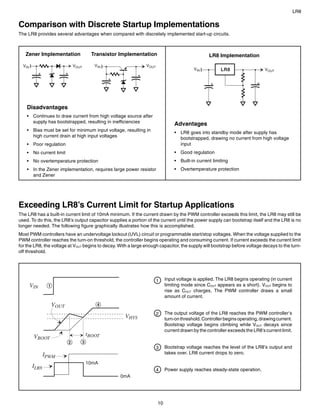 LR8


Comparison with Discrete Startup Implementations
The LR8 provides several advantages when compared with discretely implemented start-up circuits.



   Zener Implementation                 Transistor Implementation                                LR8 Implementation
  VIN                          VOUT      VIN                   VOUT
                                                                                         VIN           LR8                   VOUT




    Disadvantages
    • Continues to draw current from high voltage source after
      supply has bootstrapped, resulting in inefficiencies                     Advantages
    • Bias must be set for minimum input voltage, resulting in                 • LR8 goes into standby mode after supply has
      high current drain at high input voltages                                  bootstrapped, drawing no current from high voltage
    • Poor regulation                                                            input
    • No current limit                                                         • Good regulation
    • No overtemperature protection                                            • Built-in current limiting
    • In the Zener implementation, requires large power resistor               • Overtemperature protection
      and Zener




Exceeding LR8’s Current Limit for Startup Applications
The LR8 has a built-in current limit of 10mA minimum. If the current drawn by the PWM controller exceeds this limit, the LR8 may still be
used. To do this, the LR8’s output capacitor supplies a portion of the current until the power supply can bootstrap itself and the LR8 is no
longer needed. The following figure graphically illustrates how this is accomplished.
Most PWM controllers have an undervoltage lockout (UVL) circuit or programmable start/stop voltages. When the voltage supplied to the
PWM controller reaches the turn-on threshold, the controller begins operating and consuming current. If current exceeds the current limit
for the LR8, the voltage at VOUT begins to decay. With a large enough capacitor, the supply will bootstrap before voltage decays to the turn-
off threshold.




                                                                      1    Input voltage is applied. The LR8 begins operating (in current
        VIN     1                                                          limiting mode since COUT appears as a short). VOUT begins to
                                                                           rise as COUT charges. The PWM controller draws a small
                                                                           amount of current.
                    VOUT                  4

                                                                      2    The output voltage of the LR8 reaches the PWM controller’s
                                                     VHYS                  turn-on threshold. Controller begins operating, drawing current.
                                                                           Bootstrap voltage begins climbing while VOUT decays since
                                                                           current drawn by the controller exceeds the LR8’s current limit.
         VBOOT                        tBOOT
                           2      3
                                                                      3    Bootstrap voltage reaches the level of the LR8’s output and
               IPWM                                                        takes over. LR8 current drops to zero.

                                      10mA
        ILR8
                                                                      4    Power supply reaches steady-state operation.
                                                   0mA




                                                                      10
 