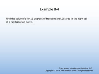 Example 8-4
Find the value of t for 16 degrees of freedom and .05 area in the right tail
of a t distribu6on curve.
Prem Mann, Introductory Statistics, 8/E
Copyright © 2013 John Wiley & Sons. All rights reserved.
 