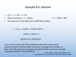 Example 8-5: Solution
• df = n – 1 = 25 – 1 = 24
• Area in each tail = .5 – (.95/2) = .5 - .4750 = .025
• The value of t in the right tail is 2.064 (from table)
̅
𝑥 ± 𝑡𝑠 ̅
" = 6600 ± 2.064 160 =
6600 ± 330.24 =
$6269.76 𝑡𝑜 $6930.24
Prem Mann, Introductory Statistics, 8/E
Copyright © 2013 John Wiley & Sons. All rights reserved.
Thus, we can state with 95% conﬁdence that the current mean
premium paid for family health insurance coverage by all workers in
New York City who have employer-provided health insurance coverage
is between $6269.76 and $6930.24
 