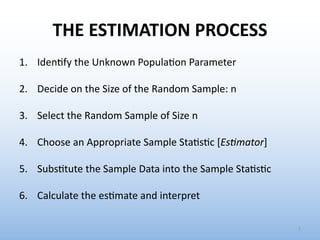 THE ESTIMATION PROCESS
1. Iden'fy the Unknown Popula'on Parameter
2. Decide on the Size of the Random Sample: n
3. Select the Random Sample of Size n
4. Choose an Appropriate Sample Sta's'c [Es#mator]
5. Subs'tute the Sample Data into the Sample Sta's'c
6. Calculate the es'mate and interpret
7
 