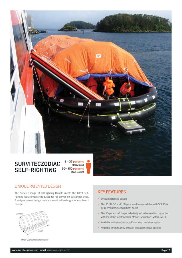 Survitec Group Ltd Inflatable Liferaft - 6-person, 8-person, 10-person, 12-person, 16-person, 20-person, 25-person
throw-over/roll-over canopied inflatable liferaft. (“RFD Surviva MKIV” (also known as Beaufort Seafarer, DSB LR07, EV Solas
Silver, EV TO M10, Crewsaver, Elliot, Survitec Zodiac SZ2, DBC and Survitec).)