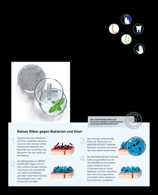 1.
2.
3.
4.
A
NTIVIRA
L
A
N
T
IBA CTER
I
A
L
MICRO
SILVER
BGTM
Die Zusammensetzung des Mikrobioms variiert
je nach Körperstelle und von Mensch zu Mensch.
An besonders trockenen Regionen, z. B. Kopfhaut
und Händen, auf fettiger Gesichtshaut oder in
feucht-warmen Arealen wie Achseln und Mund
ist das Mikrobiom besonders empfindlich und die
dort vorzufindenden Mikroorganismen können
schnell aus der Balance geraten.
Hände
Achselhöhle
Mundhöhle
Kopfhaut
Gesichtshaut
Die MICROSILVER BG™-Partikel
haften langanhaltend auf der
Hautoberfläche und schützen
unter Umständen bis zu
12 Stunden lang vor neuen
Bakterien und Viren. Das Mikro-
biom kann sich regenerieren
und wieder seiner natürlichen
Schutzfunktion nachgehen.
Die Silberpartikel aus MICRO-
SILVER BG™ legen sich mit
ihrer schwammartigen Struktur
netzartig auf die Hautoberflä-
che. Keime wie Bakterien
und Viren haben keine Chance.
Sie verfangen sich in dem
Schutznetz aus Silber.
Reines Silber gegen Bakterien und Viren
Der antivirale, antibakterielle
Effekt der Silberionen aus
MICROSILVER BG™ beseitigt
Bakterien und Viren und verhin-
dert eine weitere Ausbreitung.
Gereizte Haut kann Bakterien
und Viren schlechter abwehren.
Auf einer stark beanspruchten
Haut können Bakterien sich
besonders gut ausbreiten. Das
Mikrobiom der Haut gerät aus
der Balance.
LR MICROSILVER PLUS ANTIBAKTERIELLE PFLEGE | 137
Alle LR MICROSILVER PLUS
Produkte enthalten antibakterielles,
antivirales MICROSILVER BGTM
Was ist das Mikrobiom?
Unsere natürliche Schutzbarriere ist ein wahres Wunderwerk
der Natur. Millionen von Mikroorganismen balancieren ein
einzigartiges Gleichgewicht. So bilden sie einen natürlichen
Schutz vor Keimen wie Bakterien und Viren.
Die Gesamtheit dieser Mikroorganismen nennen wir
„Mikrobiom“ oder auch Haut- und Mundflora. Gerät ihr
empfindliches Gleichgewicht aus der Balance, können sich
Keime ausbreiten und die natürliche Schutzbarriere angreifen.
Dies kann Haut- und Zahnprobleme zur Folge haben.
Jetzt gilt es, die Eindringlinge zu beseitigen und gleichzeitig
die natürliche Schutzbarriere zu stärken.
Das PLUS in LR MICROSILVER PLUS
Unser Anspruch an Pflege ist vielfältig. Sie soll schnell und zuverlässig
wirken. Aber auch nachhaltig das Problem lösen. Deshalb bietet LR
MICROSILVER PLUS mit jeder Lösung ein individuelles zusätzliches
Plus – eine weitere effektive Wirkstoffkombination, die gezielt das Be-
dürfnis behandelt und die Wirkung der Produkte um z. B. stabilisierende,
regenerierende Eigenschaften ergänzt. So begleitet LR MICROSILVER
PLUS dich zuverlässig auf dem Weg zu einem Mikrobiom in Balance.
Shop : www.eimkaufen-ab-werk.de
LR www.lrworld.com/schweizer
 