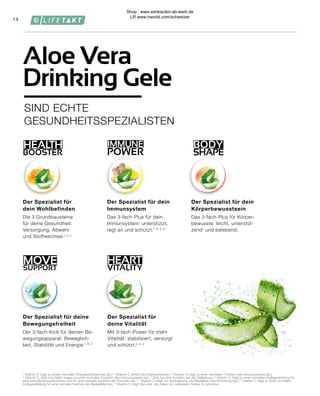 Behälter 4
Wrap around label
Basisetikett (142 x 238 mm)
Leporello Basisetiektt (132 x 127 mm)
Los-Nr.: Lotnr.: Lot n°: Lotto numero:
Health & Beauty Systems GmbH
59215 Ahlen, Deutschland
www.LRworld.com
Ungeöffnet mindestens haltbar bis Ende: Ongeopend minstens houdbaar tot:
Avant ouverture à consommer jusqu’à fin: Chiuso da consumare preferibilmente entro
la fine di:
HergestelltinDeutschland/MadeinGermany/FabriquéenAllemagne/
ProdottoinGermania
1000 ml
11 Einheiten* / 11 eenheden* /
11 unités* / 11 porzioni*
Indication:Consommer3foisparjourle
contenude3bouchons(~30ml),de
préférenceavantlesrepas.
Eventuellementdilueravecdel'eauoudu
jusdefruits.Agitezavantemploi.
Attention:Ilnefautpasconsommer
plusquelaquantitéquotidienne
recommandée.Lescompléments
alimentairesnesauraientremplacerune
alimentationvariéeetéquilibrée,facteur
importantaumêmetitrequ'unmodede
viesain.Conservezleproduithorsde
portéedesenfantsenbasâge.Conserver
auréfrigérateuraprèsouvertureet
consommerrapidement.
Consigliperl'assunzione:
Assumerepertrevoltealgiornoun
tappodichiusurapienofinoalla
tacca(=30ml),preferibilmente
primadeipasti(sipuòdiluirecon
acquaosuccodifrutta).
Avvertenze:Agitareprima
dell'uso.Dopol'aperturaconservare
infrigoriferoeconsumareentro
quattrosettimane.Ladose
giornalieraconsigliatanondeve
esseresuperata.Gliintegratori
alimentarinonsostituiscono
un'alimentazionesanaed
equilibratacheèimportante
assiemeadunostiledivitasano.
Tenerelontanodallaportatadei
bambinipiccoli.
A � LebensmittelzubereitungausAloeVeraGel,HonigundBrennnessel-Extrakt
Zutaten: Aloe Vera Barbadensis Miller Gel (USA/Mexiko, 90 %), Blütenhonig (7 %),
Brennnessel-Extrakt (2 %), Säuerungsmittel (Citronensäure), Stabilisator (Xanthan),
Antioxidationsmittel (L-Ascorbinsäure), Konservierungsstoff (Kaliumsorbat).
Verzehrempfehlung: Dreimal
täglich eine bis zur Markierung
befüllte Steckkappe (= 30 ml)
einnehmen, am besten vor den
Mahlzeiten (evtl. mit Wasser oder
Fruchtsaft verdünnen).
Hinweis: Nach dem Öffnen im
Kühlschrank aufbewahren und zügig
verbrauchen.
N BereidinguitAloëVeraGel,honingenbrandnetelextract
Ingrediënten:AloëVeraBarbadensisMillerGel(USA/Mexico,90%),bloesemhoning(7%),
Brandnetelextract(2%),verzuringmiddel(Citroenzuren),Stabilisator(Xanthine),
Antioxidatiemiddel(L-Ascorbinezuur),conserveringsmiddel(kaliumsorbaat).
Gebruiksaanbeveling:Per dag
3 x een tot de markering gevulde dop
(= 30 ml) nuttigen, best voor de
maaltijd (eventueel met water of
fruitsap verdunnen).
Aanwijzing:Na het openen in de
koelkast bewaren en zo snel mogelijk
gebruiken.
I Complémentalimentaireàl‘AloeVera,aumieletauxextraitsd‘orties
Ingrédients:GelAloeVeraBarbadensisMiller(enprovenancedeUSA/Méxique,90%),miel
(7%),extraitsd’orties(2%),acidifiant(acidecitrique),stabilisateur(xanthane),anti-oxydant
(acideascorbique),conservateur(sorbatedepotassium).
M PreparazionealimentareabasediAloeVeragel,mieleedestrattod'ortica
Ingredienti:AloeVeraBarbadensisMillerGel(USA/Messico,90%),mielemillefiori(7%),
estrattod‘ortica(2%),acidificante(acidocitrico),stabilizzante(xantano),antiossidante(acido
L-ascorbico),conservante(sorbatodipotassio).
Nährwerte pro 100 ml
pro90ml
(=3x30ml)*
Brennwert
Fett
-davongesättigte
Fettsäuren
Kohlenhydrate
-davonZucker
Eiweiß
Salz
108kJ/25kcal
<0,5g
<0,1g
6,0 g
5,2 g
<0,5g
0,01g
97kJ/23kcal
<0,5g
<0,1g
5,4 g
4,7 g
<0,5g
<0,01g
Voedingswaarden per 100 ml
per90ml
(=3x30ml)*
Energie
Vet
-waarvanverzadigde
vetzuren
Koolhydraten
- waarvan suiker
Proteïnen
Zout
108kJ/25kcal
<0,5g
<0,1g
6,0 g
5,2 g
<0,5g
0,01g
97kJ/23kcal
<0,5g
<0,1g
5,4 g
4,7 g
<0,5g
<0,01g
Valorinutrizionali in 100 ml
in90ml
(=3x30ml)*
Valore energetico
Grassi
- di cui acidi
grassi
Carboidrati
- di cui zuccheri
Proteine
Sale
108 kJ / 25 kcal
<0,5g
<0,1g
6,0 g
5,2 g
<0,5g
0,01g
97kJ/23kcal
<0,5g
<0,1g
5,4 g
4,7 g
<0,5g
<0,01g
Valeurs
nutritionnelles par 100 ml
par90ml
(=3x30ml)*
Valeurcalorique
Lipides
-dontacidesgras
saturés
Glucides
- dont sucre
Protéines
Sel
108kJ/25kcal
<0,5g
<0,1g
6,0 g
5,2 g
<0,5g
0,01g
97kJ/23kcal
<0,5g
<0,1g
5,4 g
4,7 g
<0,5g
<0,01g
ImportatoedistribuitoinItaliada:
LRHealth&BeautySystemssrlu
ViaPitagora3
20016Pero(MI),Italia
65668
This product is certified by:
WWW.SGS-QUALITAETSSIEGEL.DE WWW.IASC.ORG
90% reines Aloe Vera Blattfilet /
90% pure Aloe Vera leaf fillet
Mit Brennesselextrakt /
With nettle extract
INTENSE SIVERA
minesulfaat,
t),natuurlijke
etaat).
ml)innemen,
elnuttigen.
supple-
samenmet
ren.
agene
ucosamina,
o),aroma
etato).
pienofino
codifrutta).
sumare
inon
aduno
normale
**)
**)
***
eruna
**)
**)
***
65661
WWW.IASC.ORG
ACTIVE FREEDOM
88% reines Aloe Vera Blattfilet /
88% pure Aloe Vera leaf fillet
Unterstützung für Gelenke* /
Support for joints*
Health & Beauty Systems GmbH
59215 Ahlen, Deutschland
www.LRworld.com
UngeöffnetmindestenshaltbarbisEnde:/Ongeopendtenminstehoudbaartoteinde:
Los-Nr.: /Lotnr:
NVloeibaarvoedingssupplementmetvitamineC,zinkenseleen
Ingrediënten:Aloevera(BarbadensisMiller)gel1(85%),bloemenhoning(8%),gembersap(6%,Zingiberofficinale),
geconcentreerdcitroensap(Citruslimon)(0,4%),vitaminC(L-ascorbinezuur),voedingszuur(citronenzuur),stabilisator
(xanthaangom),conserveermiddel(kaliumsorbaat),zinkcitraat-3-hydraat,natriumseleniet.
Consumerenaanbeveling:Neemdriemaaldaags30ml(gelijkaan3dopjes).Hetbestevoordemaaltijd,kan
wordenverdundmetwaterofvruchtensap.
Aanwijzing:Schuddenvoorgebruik.Nahetopenenindekoelkastbewarenensnelconsumeren.
Deaangegevendagelijksehoeveelheiddientnietoverschredenteworden.Voedingssupplementenzijngeenvervanging
vooreenafwisselendeengebalanceerdevoeding,diesamenmeteengezondelevensstijlvanbelangis.Productbuiten
hetbereikvankinderenbewaren.
*
VitamineC,zinkenseleendragenbijtotdenormalewerkingvanhetimmuunsysteem.
**
Referentiehoeveelheidvoordedagelijkseinname
1
Mexico
Voedingswaardevermelding per100ml per90ml(=3x30ml)***
VitamineC
Zink
Seleen
89mg(111%**)
11mg(110%**)
50µg(91%**)
80mg(100%**)
10mg(100%**)
45µg(82%**)
68181
Thisproductiscertifiedby:
Ditproductisgecertificeerddoor:/
WWW.SGS-QUALITAETSSIEGEL.DE WWW.IASC.ORG
FlüssigesNahrungsergänzungsmittelmitVitaminC,ZinkundSelen
Zutaten:AloeVera(BarbadensisMiller)Gel1(85%),Blütenhonig(8%),Ingwersaft(Zingiberofficinale)(6%),
Zitronensaftkonzentrat (Citruslimon)(0,4%),VitaminC(L-Ascorbinsäure),Säuerungsmittel(Citronensäure),
Stabilisator(Xanthan),Konservierungsstoff(Kaliumsorbat),Zinkcitrat-3-hydrat,Natriumselenit.
Verzehrempfehlung:Dreimaltäglich30ml(entspricht3Verschlusskappen)einnehmen,ambestenvorden
Mahlzeiten(evtl.mitWasseroderFruchtsaftverdünnen).
Hinweis:VorGebrauchschütteln.NachdemÖffnenimKühlschrankaufbewahrenundzügigverbrauchen.
Dieangegebene,empfohlenetäglicheVerzehrmengedarfnichtüberschrittenwerden.Nahrungsergänzungsmittelsind
keinErsatzfüreineabwechslungsreicheundausgewogeneErnährung,diezusammenmiteinergesundenLebensweise
vonBedeutungist.ProduktaußerhalbderReichweitevonkleinenKindernaufbewahren.
AT
*VitaminC,ZinkundSelentragenzueinernormalenFunktiondesImmunsystemsbei.
**derReferenzmengefürdietäglicheZufuhr
¹Mexiko
Nährwerte pro100ml pro90ml(=3x30ml)***
VitaminC
Zink
Selen
89mg(111%**)
11mg(110%**)
50µg(91%**)
80mg(100%**)
10mg(100%**)
45µg(82%**)
1000 ml
11 Einheiten*** /
11 eenheden***
85 % Aloe Vera Blattfilet /
85 % Aloe Vera leaf fillet
Mit Ingwer, Zitrone, Honig, Vitamin C, Zink /
With ginger, lemon, honey, vitamin C, zinc
Unterstützt das Immunsystem* /
Supports the immune system*
IMMUNE PLUS* MADE IN GERMANY
), vitamine C
dop (= 30 ml)
nnen).
waren en snel
n te worden.
ang is.
millefiori (9 %),
rbico),
chiusura pieno
on acqua o
ro e consumare
perata. Gli
ta che è
bambinipiccoli.
65663
WWW.IASC.ORG
90% reines Aloe Vera Blattfilet /
90% pure Aloe Vera leaf fillet
9% Honig /
9% Honey
Traditionelle Formel /
Traditional formula
TRADITIONAL HONEY
Behälter 4
Wrap around label
64889_AVHoney_NEM_DE_AT_CH_NL_FR
Basisetikett (142 x 238 mm)
Leporello Basisetiektt (132 x 127 mm)
(3 mm)
Los-Nr.: Lotnr.: Lot n°:
Health & Beauty Systems GmbH
59215 Ahlen, Deutschland
www.LRworld.com
Ungeöffnet mindestens haltbar bis Ende: Ongeopend minstens houdbaar tot:
Avant ouverture à consommer jusqu’à fin:
HergestelltinDeutschland/MadeinGermany/FabriquéenAllemagne
A� FlüssigesNahrungsergänzungsmittelmitVitaminC,Pfirsichgeschmack,mit
Süßungsmitteln–ohneZuckerzusatz*
Zutaten:AloeVeraBarbadensisMillerGel(USA/Mexiko,98%),Süßungsmittel(Natriumcyclamat,
AcesulfamK,Natriumsaccharin),Inulin,Stabilisator(Xanthan),Säuerungsmittel(Citronensäure),
VitaminC(L-Ascorbinsäure),Aroma,Konservierungsstoff(Kaliumsorbat).
Verzehrempfehlung:DreimaltäglicheinebiszurMarkierungbefüllteSteckkappe
(=30ml)einnehmen,ambestenvordenMahlzeiten(evtl.mitWasseroderFruchtsaftverdünnen).
Hinweis:VorGebrauchschütteln.NachdemÖffnenimKühlschrankaufbewahrenundzügig
verbrauchen.Dieangegebene,empfohlenetäglicheVerzehrmengedarfnichtüberschrittenwerden.
NahrungsergänzungsmittelsindkeinErsatzfüreineabwechslungsreicheundausgewogeneErnährung,
diezusammenmiteinergesundenLebensweisevonBedeutungist.
ProduktaußerhalbderReichweitevonkleinenKindernaufbewahren.
1000 ml
11 Einheiten*** / 11 eenheden*** / 11 unités***
* Enthält von Natur aus Zucker.
** der Referenzmenge für die tägliche Zufuhr
I ComplémentalimentaireliquideavecvitamineC,àl’arômedepêcheetavec
édulcorants–sanssucreajouté*
Ingrédients:GelAloeVeraBarbadensisMiller(USA/Mexique,98%),édulcorants(cyclamatede
sodium,acésulfameK,saccharinesodique),inuline,stabilisant(gommedexanthane),acidifiant(acide
citrique),vitamineC(acideL-ascorbique),arôme,conservateur(sorbatedepotassium).
Indication: Consommer3foisparjour30mldegelàboireAloeVeraPêche(contenuéquivalentà3
bouchons),depréférenceavantlesrepas.Eventuellementdilueravecdel’eauoudujusdefruits.
Attention:Agiteravantl’emploi.Conserverauréfrigérateuraprèsouvertureetconsommerrapidement.
Ladosequotidiennerecommandéenedoitpasêtredépassée.Lescomplémentsalimentairesne
sauraientpasremplacerunealimentationvariéeetéquilibréeetunmodedeviesain.
Tenirhorsdelaportéedesenfants.
N VloeibaarvoedingssupplementmetvitamineC,perziksmaak,metzoetmiddel-zonder
toegevoegdesuikers*
Ingrediënten:AloeVeraBarabadensisMillerGel(USA/Mexico,98%),zoetmiddel(natriumcyclamaat,
acesulfaamK,natriumsaccharine),inuline,stabilisator(xanthaan),zuurmiddel(citroenzuur),vitamineC
(L-ascorbinezuur),aroma,bewaarmiddel(kaliumsorbaat).
Gebruiksaanbeveling:3maaldagelijkseentotdemarkeringgevuldedop(=30ml)innemen,best
voordemaaltijd(eventueelmetwateroffruitsapverdunnen).
Aanwijzing:Schuddenvoorgebruik.Nahetopenenindekoelkastbewarenensnelnuttigen.De
aanbevolendagelijksehoeveelheiddientnietoverschredenteworden.Voedingssupplementenzijngeen
vervangingvooreenafwisselendeengebalanceerdevoeding,diesamenmeteengezondelevensstijlvan
belangis.Productbuitenhetbereikvankinderenbewaren.
Nährwerte pro 100 ml pro90ml(=3x30ml)***
Brennwert
Fett
- davon gesättigte Fettsäuren
Kohlenhydrate
- davon Zucker
Eiweiß
Salz
Vitamin C
15 kJ / 4 kcal
< 0,5 g
< 0,1 g
0,7 g
< 0,5 g
< 0,5 g
0,02 g
89 mg (111 %**)
14 kJ / 4 kcal
< 0,5 g
< 0,1 g
0,6 g
< 0,5 g
< 0,5 g
0,02 g
80 mg (100 %**)
* Bevat van nature suiker, met zoetstoffen.
** Percentage van de aanbevolen dagelijkse hoeveelheid
Voedingswaarden per 100 ml per90ml(=3x30ml)***
Energie
Vet
- daarvan verzadigde vetzuren
Koolhydraten
- daarvan suiker
Eiwit
Zout
Vitamine C
15 kJ / 4 kcal
< 0,5 g
< 0,1 g
0,7 g
< 0,5 g
< 0,5 g
0,02 g
89 mg (111 %**)
14 kJ / 4 kcal
< 0,5 g
< 0,1 g
0,6 g
< 0,5 g
< 0,5 g
0,02 g
80 mg (100 %**)
* Contient des sucres naturellement présents, avec édulcorants.
** du montant de référence pour l’apport journalier
Valeurs nutritionnelles par 100 ml par90ml(=3x30ml)***
Calories
Glucides
- dont sucres
Hydrates de carbon
- présence de sucre
Protéines
Sel
Vitamine C
15 kJ / 4 kcal
< 0,5 g
< 0,1 g
0,7 g
< 0,5 g
< 0,5 g
0,02 g
89 mg (111 %**)
14 kJ / 4 kcal
< 0,5 g
< 0,1 g
0,6 g
< 0,5 g
< 0,5 g
0,02 g
80 mg (100 %**)
65665
This product is certified by:
98% reines Aloe Vera Blattfilet /
98% pure Aloe Vera leaf fillet
Ohne Zuckerzusatz* /
No added sugar*
PEACH FLAVOUR
HEART
VITALITY
BODY
SHAPE
HEALTH
BOOSTER
IMMUNE
POWER
14
¹ Vitamin C trägt zu einem normalen Energiestoffwechsel bei.| ² Vitamin C erhöht die Eisenaufnahme.| ³ Vitamin C trägt zu einer normalen Funktion des Immunsystems bei.|
4
Vitamin C, Zink und Selen tragen zu einer normalen Funktion des Immunsystems bei.| 5
Zink hat eine Funktion bei der Zellteilung.| 6
Vitamin C trägt zu einer normalen Kollagenbildung für
eine normale Knorpelfunktion und für eine normale Funktion der Knochen bei. | 7
Vitamin C trägt zur Verringerung von Müdigkeit und Ermüdung bei.| 8
/itamin C trägt zu einer normalen
Kollagenbildung fur eine normale Funktion der Blutgefäße bei.| 9
Vitamin C trägt dazu bei, die Zellen vor oxidativem Stress zu schützen.
SUPPORT
MOVE
Der Spezialist für deine
Bewegungsfreiheit
Der 3-fach-Kick für deinen Be-
wegungsapparat: Beweglich-
keit, Stabilität und Energie.1, 6, 7
Der Spezialist für
deine Vitalität
Mit 3-fach-Power für mehr
Vitalität: stabilisiert, versorgt
und schützt.2, 8, 9
Der Spezialist für dein
Körperbewusstsein
Das 3-fach-Plus für Körper-
bewusste: leicht, unterstüt-
zend1
und belebend.
Der Spezialist für
dein Wohlbefinden
Die 3 Grundbausteine
für deine Gesundheit:
Versorgung, Abwehr
und Stoffwechsel.1, 2, 3
Der Spezialist für dein
Immunsystem
Das 3-fach-Plus für dein
Immunsystem: unterstützt,
regt an und schützt.1, 4, 5, 9
SIND ECHTE
GESUNDHEITSSPEZIALISTEN
Aloe Vera
Drinking Gele
Shop : www.eimkaufen-ab-werk.de
LR www.lrworld.com/schweizer
 