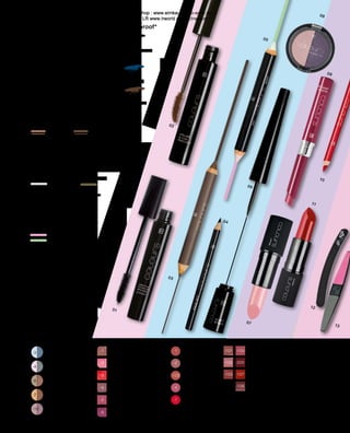 05
04
06
08
10
11
09
12
02
-3
-4
-6
-7
-10
-1
-2
-3
-4
-5
-6
-1
-2
-4
-7
-103
-104
-205
-107
-108
-101
-102
-103
03
01
13
07

Dünne Seite: zum Auffüllen und Definieren
Dicke Seite: zum Aus- und Übermalen
10006-1 		 10006-2
Cashmere Creme	 Cashmere Brown
4,9 g  1,3 g
9,99 €
03 Eyebrow Double Pencil
2 Spitzen 
		 Zartes Rosé für den Tag
		 Weiß-Grün für die Nacht
10004 | 2 x 4,6 g
9,99 €
05 Eyelid Highlighter

Intensiver, kräftig geschmeidiger Lidstrich
10001-101 10001-2 	 10001-6
Soft Snow 	 Dark Coal 	 Olive Green
1,1 g
6,99 €
04 Kajal
Perfekt definierte, optisch verlängerte Wimpern
7 ml
11,99 €
(171,29 € pro 100 ml)
01	Length  Definition Mascara, waterproof*
11 Lipstick
Farben und Brillanz,
die verzaubern
10431-
-101 Warm Rose
-102 Magic Mauve
-103 Juicy Rose
-104 Orange Toffee
-205 Midnight Plum
-107 Hot Chili
-108 Brown Rose
3,5 g
9,99 €
Intensives, deckendes Farbergebnis
10005-1 Absolute Black
2,5 ml
8,99 €
06 Liquid Eyeliner
Farbpower mit strah-
lend bunten Farben
10420-
-3 	 Sky ’n’ Water
-4	 Rose ’n’ Grey
-6 	 Taupe ’n’ Bronze
-7	 Cashmere ’n’
	Copper*
-10 Vintage Rose ’n’
	Grape
2 x 1,25 g
9,99 €
08 Eyeshadow
Die perfekte Kombination
aus Lippenstift und Gloss
10031-
-1 Crystal Caramel
-2 Crystal Rose
-3 Crystal Peach
-4 Crystal Mauve
-5 Crystal Plum
-6 Crystal Berry
1,6 g
7,99 €
09 Glossy Lipstick
Ebnen, glätten,
feilen, polieren
823
3,99 €
13 Nail Polisher*
Für natürliche Nägel
und Kunstnägel
4526
3,99 €
12 Nail File*
Für Konturen und
Korrekturen
10032-
-1 Warm Rose
-2 Magic Mauve
-103 Juicy Rose
-4 Orange Toffee
-7 Hot Chili
1,16 g
4,99 €
10 Lipliner
07 Lipstick Care Balm
Milde Pflege für empfindliche
und raue Lippen
10433
9,99 €
Zaubert außergewöhnliches Volumen bei
zart getrennten Wimpern
10 ml
11,99 €
(119,90 € pro 100 ml)
02 Volume  Curl Mascara*
10002-5
Night Blue*
10002-4
Dark Brown*
10266
Absolute Black
Shop : www.eimkaufen-ab-werk.de
LR www.lrworld.com/schweizer
 