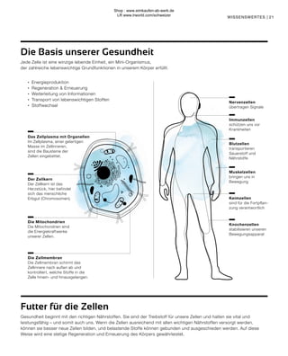 21
WISSENSWERTES |
Futter für die Zellen
Gesundheit beginnt mit den richtigen Nährstoffen. Sie sind der Treibstoff für unsere Zellen und halten sie vital und
leistungsfähig – und somit auch uns. Wenn die Zellen ausreichend mit allen wichtigen Nährstoffen versorgt werden,
können sie besser neue Zellen bilden, und belastende Stoffe können gebunden und ausgeschieden werden. Auf diese
Weise wird eine stetige Regeneration und Erneuerung des Körpers gewährleistet.
Knochenzellen
stabilisieren unseren
Bewegungsapparat
Muskelzellen
bringen uns in
Bewegung
Keimzellen
sind für die Fortpflan-
zung verantwortlich
Blutzellen
transportieren
Sauerstoff und
Nährstoffe
Immunzellen
schützen uns vor
Krankheiten
Nervenzellen
übertragen Signale
Die Basis unserer Gesundheit
Jede Zelle ist eine winzige lebende Einheit, ein Mini-Organismus,
der zahlreiche lebenswichtige Grundfunktionen in unserem Körper erfüllt:
	 ∙ 	Energieproduktion
	 ∙ 	Regeneration & Erneuerung
	 ∙ 	Weiterleitung von Informationen
	 ∙ 	Transport von lebenswichtigen Stoffen
	 ∙ 	Stoffwechsel
Das Zellplasma mit Organellen
Im Zellplasma, einer gelartigen
Masse im Zellinneren,
sind die Bausteine der
Zellen eingebettet.
Die Mitochondrien
Die Mitochondrien sind
die Energiekraftwerke
unserer Zellen.
Die Zellmembran
Die Zellmembran schirmt das
Zellinnere nach außen ab und
kontrolliert, welche Stoffe in die
Zelle hinein- und hinausgelangen.
Der Zellkern
Der Zellkern ist das
Herzstück, hier befindet
sich das menschliche
Erbgut (Chromosomen).
Shop : www.eimkaufen-ab-werk.de
LR www.lrworld.com/schweizer
 