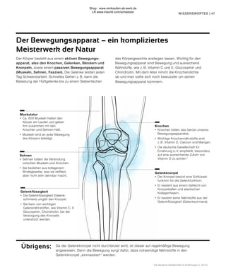 Gelenkknorpel
∙	 Der Knorpel besitzt eine Schlüssel-
	 funktion für die Gelenkfunktion.
∙	 Er besteht aus einem Geflecht von 	
	 Knorpelzellen und elastischen 		
	Kollagenfasern.
∙	 Er bezieht seine Nährstoffe aus der 		
	 Gelenkflüssigkeit (Gelenkschmiere).
Knochen
∙	 Knochen bilden das Gerüst unseres 		
	Bewegungsapparates.
∙	 Wichtige Knochennährstoffe sind
	 z. B. Vitamin D, Calcium und Mangan.
∙	 Die deutsche Gesellschaft für
	 Ernährung e. V. empfiehlt, besonders
	 auf eine ausreichende Zufuhr von
	 Vitamin D zu achten.*
Gelenkflüssigkeit
∙	 Die Gelenkflüssigkeit (Gelenk-	
	 schmiere) umgibt den Knorpel.
∙	 Sie kann von wichtigen 	
	 Gelenknährstoffen, wie Vitamin C, E
	 Glucosamin, Chondroitin, bei der
	 Versorgung des Knorpels 		
	 unterstützt werden.
Sehnen
∙	 Sehnen bilden die Verbindung 		
	 zwischen Muskeln und Knochen.
∙	 Sie bestehen aus kollagenem
Bindegewebe, was sie reißfest,
aber nicht sehr dehnbar macht.
Muskulatur
∙ 	Ca. 600 Muskeln halten den 		
	 Körper am Laufen und geben 		
	 ihm zusammen mit den
Knochen und Sehnen Halt.
∙	 Muskeln sind an jeder Bewegung 		
	 des Körpers beteiligt.
47
* Die deutsche Gesellschaft für Ernährung e. V. (2012).
Übrigens: Da der Gelenkknorpel nicht durchblutet wird, ist dieser auf regelmäßige Bewegung
angewiesen. Denn die Bewegung sorgt dafür, dass notwendige Nährstoffe in den
Gelenkknorpel „einmassiert“ werden.
Der Körper besteht aus einem aktiven Bewegungs-
apparat, also den Knochen, Gelenken, Bändern und
Knorpeln, sowie einem passiven Bewegungsapparat
(Muskeln, Sehnen, Faszien). Die Gelenke leisten jeden
Tag Schwerstarbeit. Schnelles Gehen z. B. kann die
Belastung der Hüftgelenke bis zu einem Siebenfachen
des Körpergewichts ansteigen lassen. Wichtig für den
Bewegungsapparat sind Bewegung und ausreichend
Nährstoffe, wie z. B. Vitamin C und E, Glucosamin und
Chondroitin. Mit dem Alter nimmt die Knochendichte
ab und man sollte sich noch bewusster um seinen
Bewegungsapparat kümmern.
Der Bewegungsapparat – ein kompliziertes
Meisterwerk der Natur
WISSENSWERTES |
Shop : www.eimkaufen-ab-werk.de
LR www.lrworld.com/schweizer
 