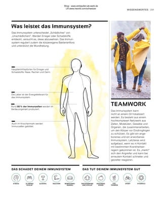 STRESS BEWEGUNGS
MANGEL
51
WISSENSWERTES |
Die Leber ist der Energielieferant für
das Immunsystem.
Auch im Knochenmark werden
Immunzellen gebildet.
DAS TUT DEINEM IMMUNSYSTEM GUT
DAS SCHADET DEINEM IMMUNSYSTEM
VITAMIN D
BEWEGUNGS-
MANGEL
SPORT
RAUCHEN VIEL
TRINKEN
ALKOHOL GESUNDES
ESSEN
ZU WENIG
SCHLAF
ENTSPANNUNG
UND SCHLAF
STRESS
TEAMWORK
Rund 80 % der Immunzellen werden im
Verdauungstrakt produziert.
Haupteintrittspforten für Erreger und
Schadstoffe: Nase, Rachen und Darm.
Das Immunsystem kann
nicht an einem Ort lokalisiert
werden. Es besteht aus einem
hochkomplexen Netzwerk aus
Zellen, Molekülen, Gewebe und
Organen, die zusammenarbeiten,
um den Körper vor Eindringlingen
zu schützen. Es gibt ein ange-
borenes und ein erworbenes
Immunsystem. Letzteres wird
aufgebaut, wenn es in Kontakt
mit bestimmten Krankheitser-
regern gekommen ist. Es „merkt“
sich den Angreifer und kann bei
erneutem Kontakt schneller und
gezielter reagieren.
Das Immunsystem unterscheidet „Schädliches“ von
„Unschädlichem“. Werden Erreger oder Schadstoffe
entdeckt, versucht es, diese abzuwehren. Das Immun-
system reguliert zudem die körpereigene Bakterienflora
und unterstützt die Wundheilung.
Was leistet das Immunsystem?
Shop : www.eimkaufen-ab-werk.de
LR www.lrworld.com/schweizer
 