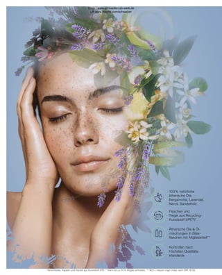 100% NATÜRLICHE
ÄTHERISCHE ÖLE
FLASCHEN UND
TIEGEL AUS RECYCLING-
KUNSTSTOFF (RPET)*
KONTROLLEN
NACH HÖCHSTEN
QUALITÄTSSTANDARDS
ÄTHERISCHE ÖLE 
ÖL-MISCHUNGEN IN
GLASFLASCHEN
MIT ALTGLASANTEIL*
100 % natürliche
ätherische Öle:
Bergamotte, Lavendel,
Neroli, Sandelholz
Flaschen und
Tiegel aus Recycling-
Kunststoff (rPET)*
Kontrollen nach
höchsten Qualitäts-
standards
Ätherische Öle  Öl-
mischungen in Glas-
flaschen mit Altglasanteil**
* Verschlüsse, Kappen und Deckel aus Kunststoff (PP). ** Kann bis zu 55 % Altglas enthalten. *** NOI = natural origin index nach DIN 16128.
Shop : www.eimkaufen-ab-werk.de
LR www.lrworld.com/schweizer
 