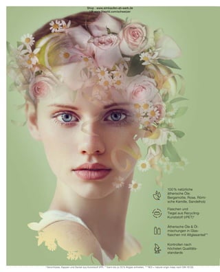 100% NATÜRLICHE
ÄTHERISCHE ÖLE
FLASCHEN UND
TIEGEL AUS RECYCLING-
KUNSTSTOFF (RPET)*
KONTROLLEN
NACH HÖCHSTEN
QUALITÄTSSTANDARDS
ÄTHERISCHE ÖLE 
ÖL-MISCHUNGEN IN
GLASFLASCHEN
MIT ALTGLASANTEIL*
100 % natürliche
ätherische Öle:
Bergamotte, Rose, Römi-
sche Kamille, Sandelholz
Flaschen und
Tiegel aus Recycling-
Kunststoff (rPET)*
Kontrollen nach
höchsten Qualitäts-
standards
Ätherische Öle  Öl-
mischungen in Glas-
flaschen mit Altglasanteil**
* Verschlüsse, Kappen und Deckel aus Kunststoff (PP). ** Kann bis zu 55 % Altglas enthalten. *** NOI = natural origin index nach DIN 16128.
Shop : www.eimkaufen-ab-werk.de
LR www.lrworld.com/schweizer
 