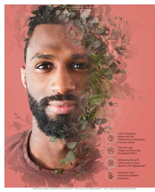 100% NATÜRLICHE
ÄTHERISCHE ÖLE
FLASCHEN UND
TIEGEL AUS RECYCLING-
KUNSTSTOFF (RPET)*
KONTROLLEN
NACH HÖCHSTEN
QUALITÄTSSTANDARDS
ÄTHERISCHE ÖLE 
ÖL-MISCHUNGEN IN
GLASFLASCHEN
MIT ALTGLASANTEIL*
100 % natürliche
ätherische Öle:
Pfefferminze, Eukalyptus,
Thymian, Zeder
Flaschen und
Tiegel aus Recycling-
Kunststoff (rPET)*
Kontrollen nach
höchsten Qualitäts-
standards
Ätherische Öle  Öl-
mischungen in Glas-
flaschen mit Altglasanteil**
* Verschlüsse, Kappen und Deckel aus Kunststoff (PP). ** Kann bis zu 55 % Altglas enthalten. *** NOI = natural origin index nach DIN 16128.
Shop : www.eimkaufen-ab-werk.de
LR www.lrworld.com/schweizer
 