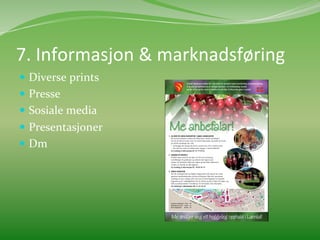 7.	
  Informasjon	
  &	
  marknadsføring	
  
  Diverse	
  prints	
  
  Presse	
  	
  
  Sosiale	
  media	
  
  Presentasjoner	
  
  Dm	
  	
  
 