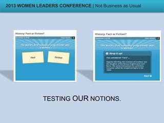 TESTING OUR NOTIONS.
2013 WOMEN LEADERS CONFERENCE | Not Business as Usual
 
