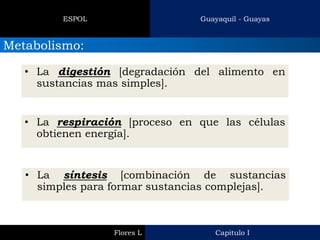 Guayaquil - Guayas 
ESPOL 
Metabolismo: 
Capitulo I 
Flores L 
•La digestión [degradación del alimento en sustancias mas simples]. 
•La respiración [proceso en que las células obtienen energía]. 
•La síntesis [combinación de sustancias simples para formar sustancias complejas].  