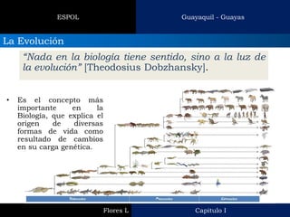 Capitulo I 
Flores L 
Guayaquil - Guayas 
ESPOL 
La Evolución 
“Nada en la biología tiene sentido, sino a la luz de la evolución” [Theodosius Dobzhansky]. 
•Es el concepto más importante en la Biología, que explica el origen de diversas formas de vida como resultado de cambios en su carga genética.  