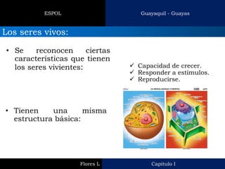 Capitulo I 
Flores L 
Guayaquil - Guayas 
ESPOL 
Los seres vivos: 
•Se reconocen ciertas características que tienen los seres vivientes: 
Capacidad de crecer. 
Responder a estímulos. 
Reproducirse. 
•Tienen una misma estructura básica:  